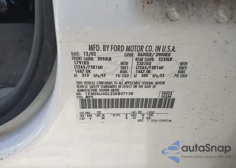 2003 Ford Excursion Xlt из США, поврежденный, VIN 1FMNU40L23EB57138